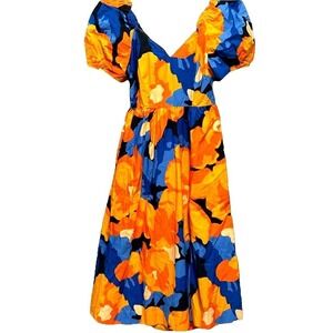Tabitha Brown Tie Back Dress Womens Size 10 Blue Orange Puff-Sleeve Midi Vintage